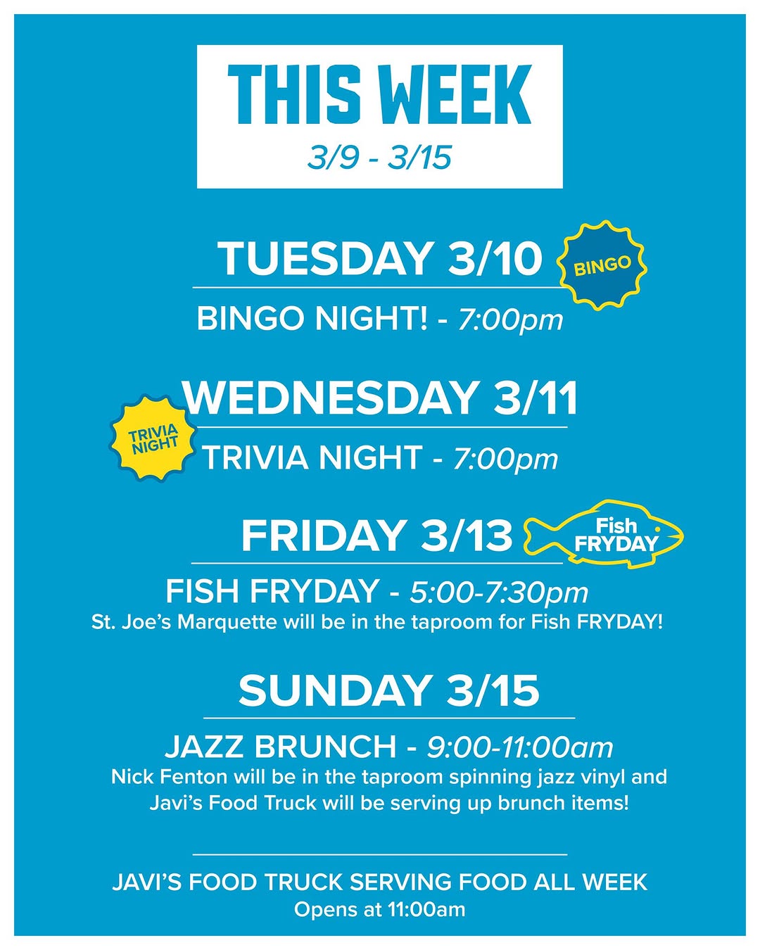 This Week at Single Hill! Fish FRYDAY! St. Joe's will be in the taproom on Friday selling/delivering fish and chips! Sunday we have a new event, Jazz Brunch with Nick Fenton spinning jazz vinyl and Javi's Food Truck will be open at 9am with some brunch items. As always there will be coffee from Catalyst Coffee! We may also have some mimosa's.